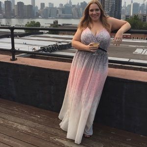 Badgley Mischka size 16 Ombré butterfly print long gown -black, lavender, pink